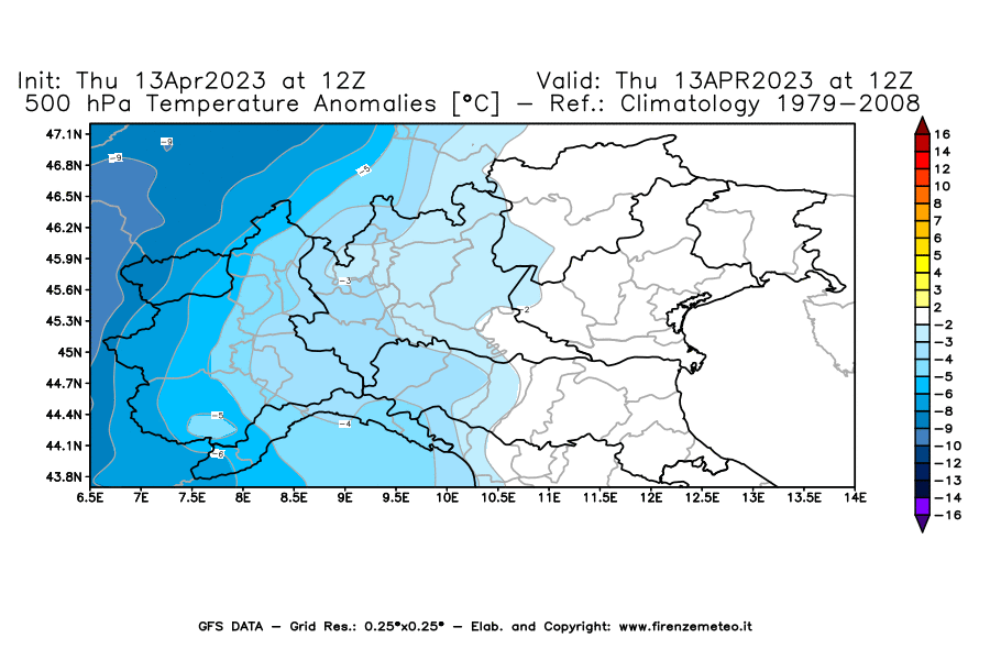 Mappa di analisi GFS - Anomalia Temperatura [°C] a 500 hPa in Nord-Italia
							del 13/04/2023 12 <!--googleoff: index-->UTC<!--googleon: index-->