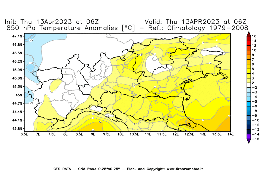 GFS analysi map - Temperature Anomalies [°C] at 850 hPa in Northern Italy
									on 13/04/2023 06 <!--googleoff: index-->UTC<!--googleon: index-->