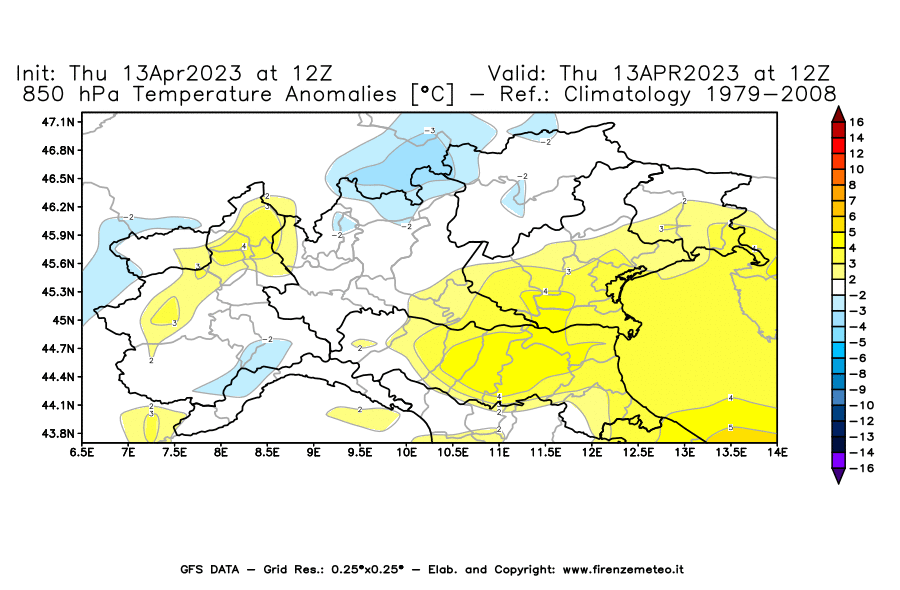 GFS analysi map - Temperature Anomalies [°C] at 850 hPa in Northern Italy
									on 13/04/2023 12 <!--googleoff: index-->UTC<!--googleon: index-->