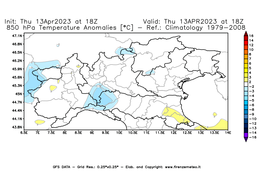Mappa di analisi GFS - Anomalia Temperatura [°C] a 850 hPa in Nord-Italia
							del 13/04/2023 18 <!--googleoff: index-->UTC<!--googleon: index-->