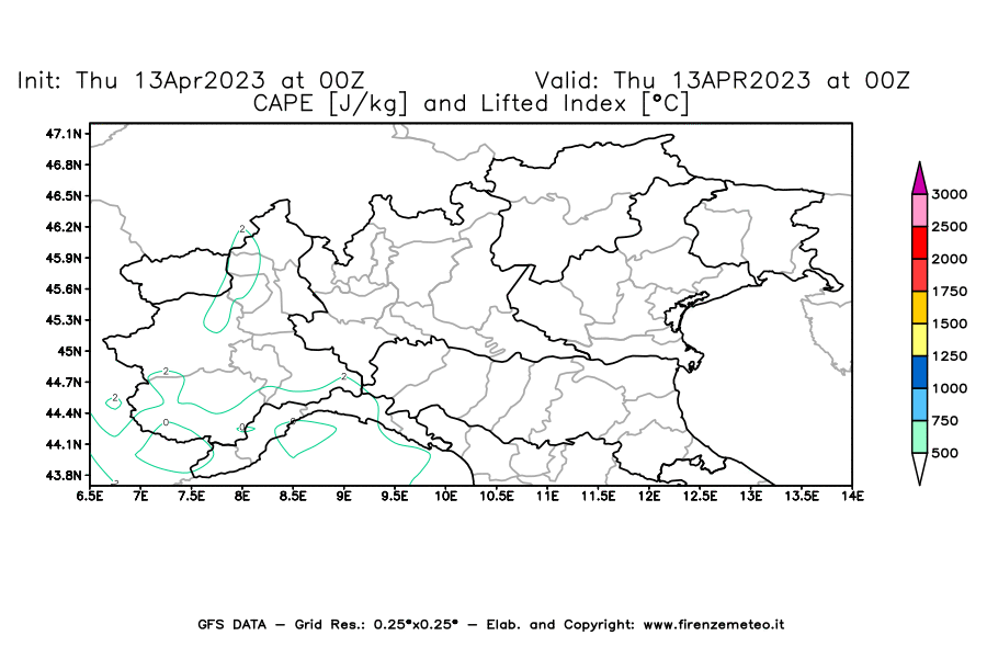 GFS analysi map - CAPE [J/kg] and Lifted Index [°C] in Northern Italy
									on 13/04/2023 00 <!--googleoff: index-->UTC<!--googleon: index-->