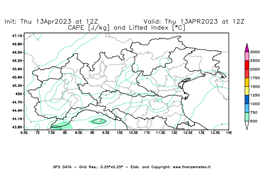 GFS analysi map - CAPE [J/kg] and Lifted Index [°C] in Northern Italy
									on 13/04/2023 12 <!--googleoff: index-->UTC<!--googleon: index-->