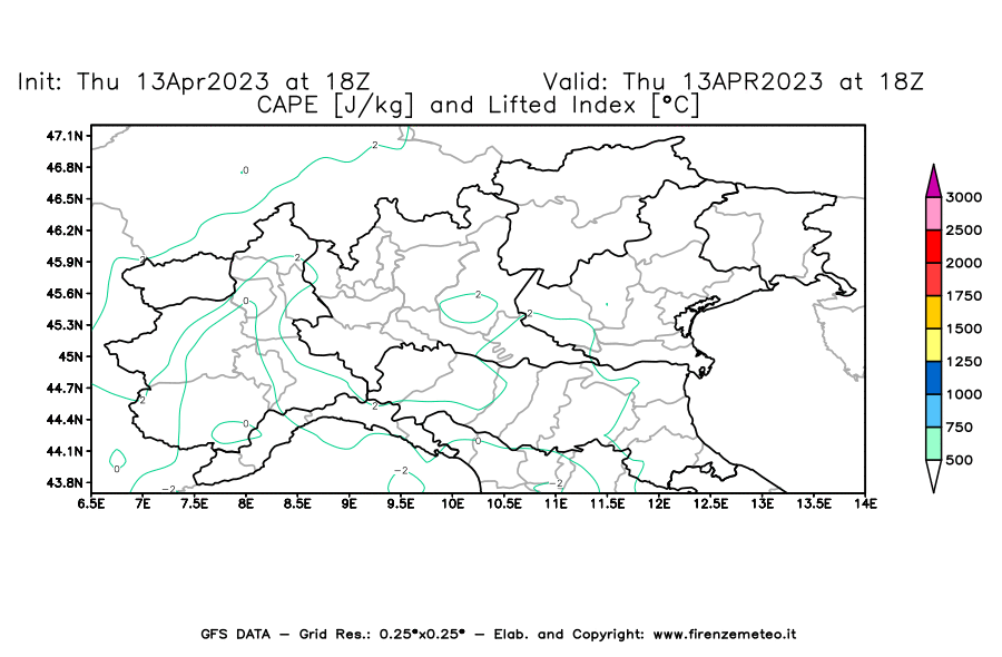GFS analysi map - CAPE [J/kg] and Lifted Index [°C] in Northern Italy
									on 13/04/2023 18 <!--googleoff: index-->UTC<!--googleon: index-->