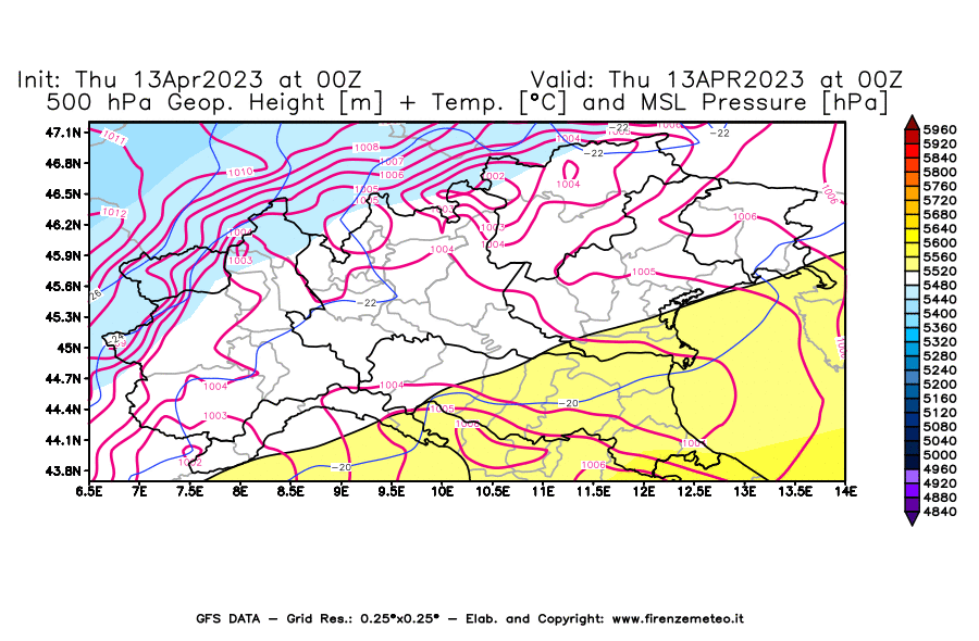 Mappa di analisi GFS - Geopotenziale [m] + Temp. [°C] a 500 hPa + Press. a livello del mare [hPa] in Nord-Italia
							del 13/04/2023 00 <!--googleoff: index-->UTC<!--googleon: index-->