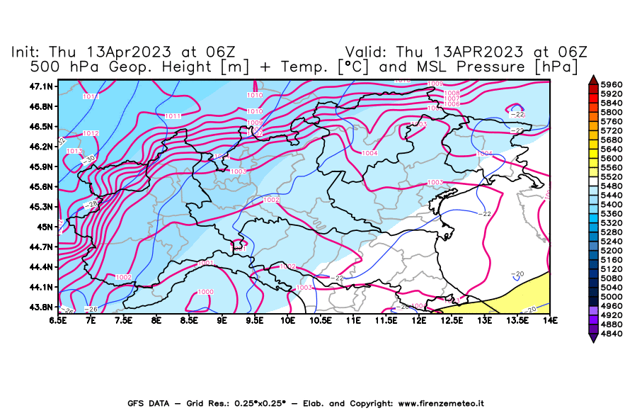 Mappa di analisi GFS - Geopotenziale [m] + Temp. [°C] a 500 hPa + Press. a livello del mare [hPa] in Nord-Italia
							del 13/04/2023 06 <!--googleoff: index-->UTC<!--googleon: index-->