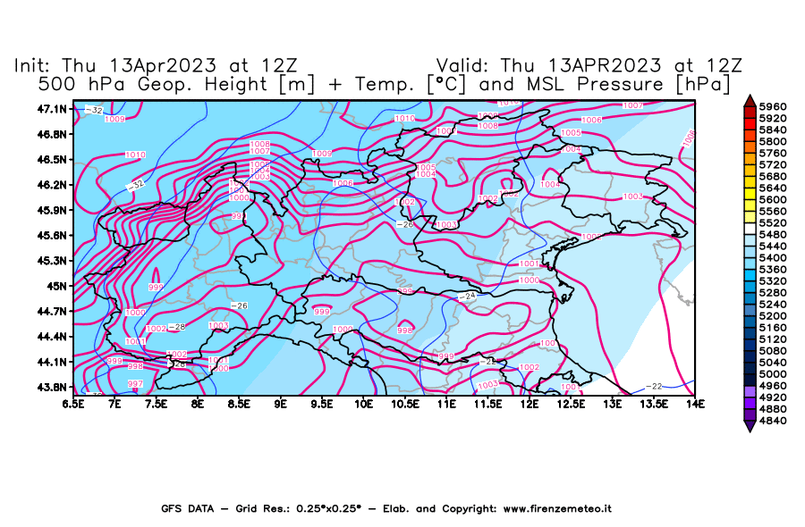 Mappa di analisi GFS - Geopotenziale [m] + Temp. [°C] a 500 hPa + Press. a livello del mare [hPa] in Nord-Italia
							del 13/04/2023 12 <!--googleoff: index-->UTC<!--googleon: index-->