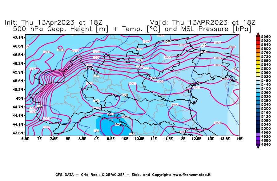 Mappa di analisi GFS - Geopotenziale [m] + Temp. [°C] a 500 hPa + Press. a livello del mare [hPa] in Nord-Italia
							del 13/04/2023 18 <!--googleoff: index-->UTC<!--googleon: index-->