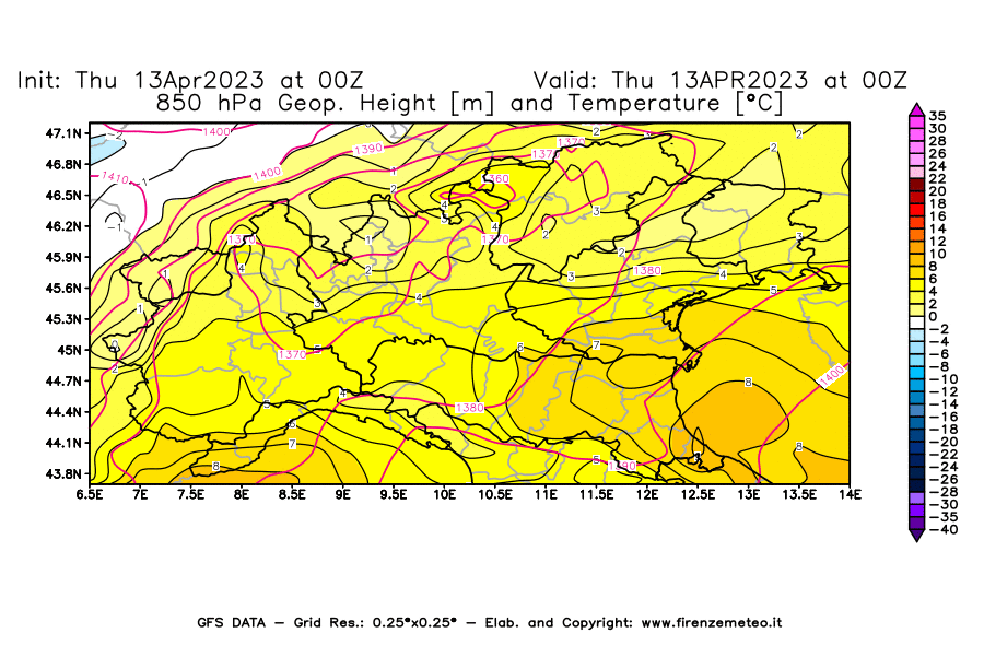 Mappa di analisi GFS - Geopotenziale [m] e Temperatura [°C] a 850 hPa in Nord-Italia
							del 13/04/2023 00 <!--googleoff: index-->UTC<!--googleon: index-->