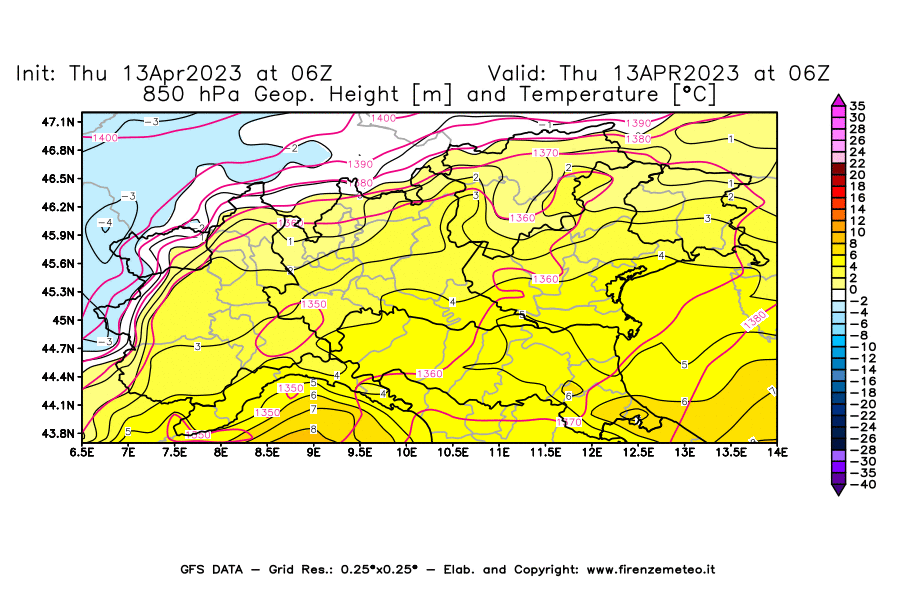 Mappa di analisi GFS - Geopotenziale [m] e Temperatura [°C] a 850 hPa in Nord-Italia
							del 13/04/2023 06 <!--googleoff: index-->UTC<!--googleon: index-->