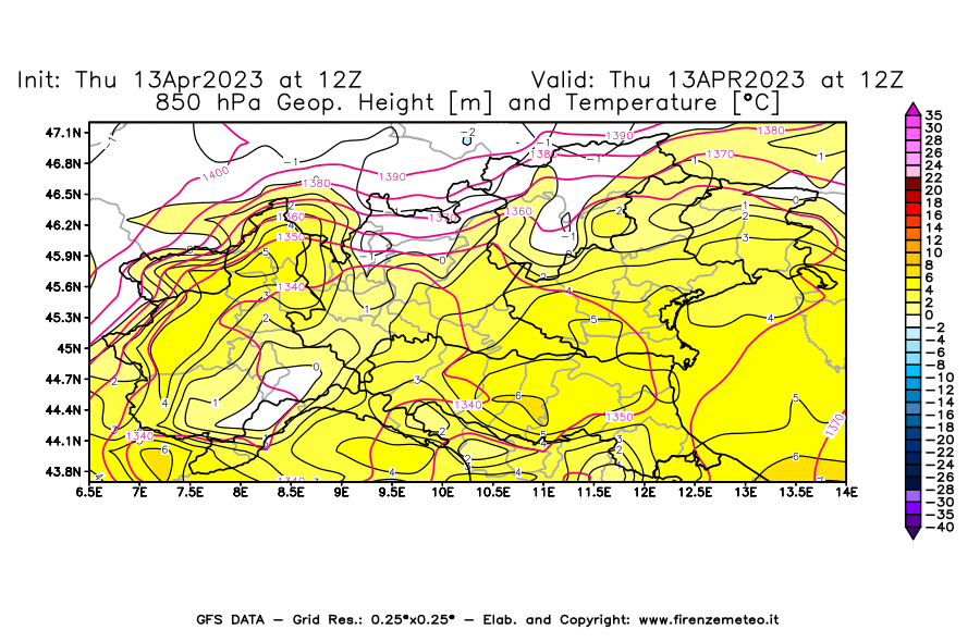 Mappa di analisi GFS - Geopotenziale [m] e Temperatura [°C] a 850 hPa in Nord-Italia
							del 13/04/2023 12 <!--googleoff: index-->UTC<!--googleon: index-->
