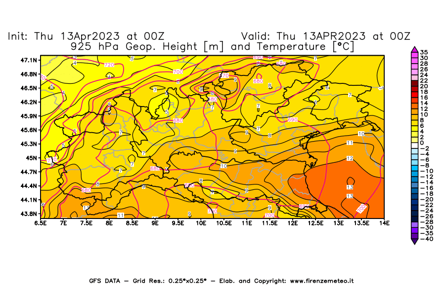 Mappa di analisi GFS - Geopotenziale [m] e Temperatura [°C] a 925 hPa in Nord-Italia
							del 13/04/2023 00 <!--googleoff: index-->UTC<!--googleon: index-->