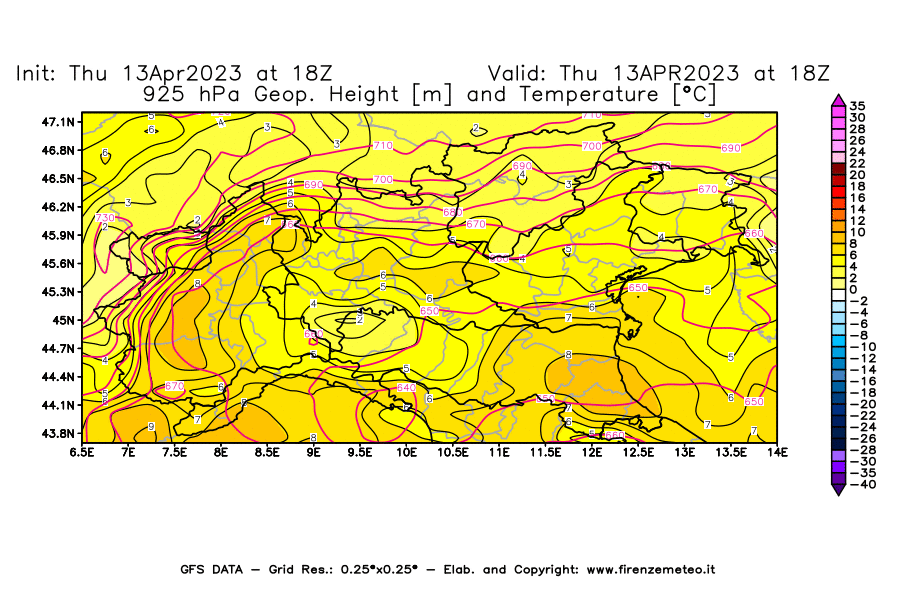 Mappa di analisi GFS - Geopotenziale [m] e Temperatura [°C] a 925 hPa in Nord-Italia
							del 13/04/2023 18 <!--googleoff: index-->UTC<!--googleon: index-->