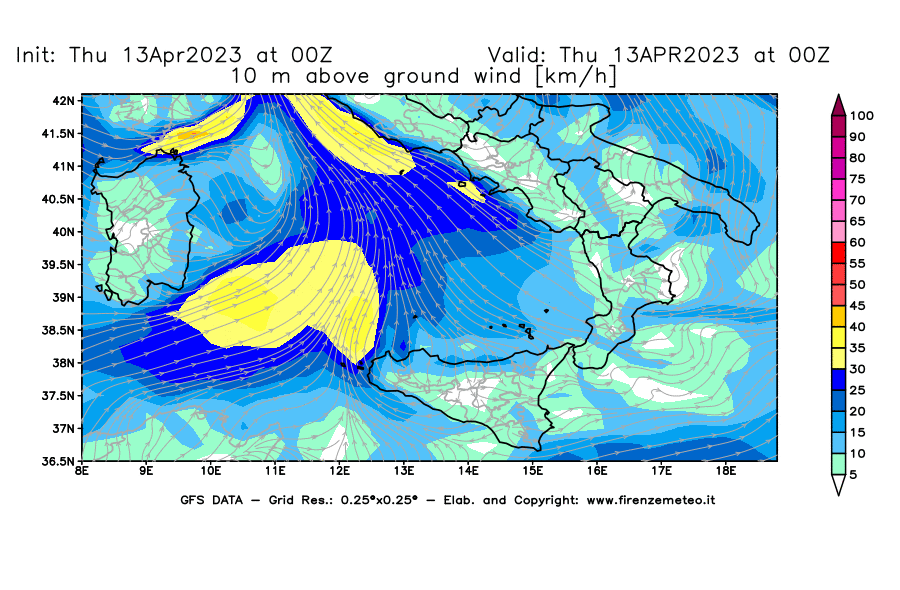 Mappa di analisi GFS - Velocità del vento a 10 metri dal suolo [km/h] in Sud-Italia
							del 13/04/2023 00 <!--googleoff: index-->UTC<!--googleon: index-->