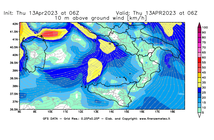 GFS analysi map - Wind Speed at 10 m above ground [km/h] in Southern Italy
									on 13/04/2023 06 <!--googleoff: index-->UTC<!--googleon: index-->
