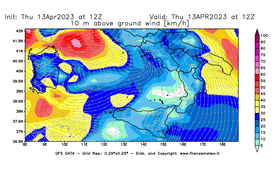 GFS analysi map - Wind Speed at 10 m above ground [km/h] in Southern Italy
									on 13/04/2023 12 <!--googleoff: index-->UTC<!--googleon: index-->