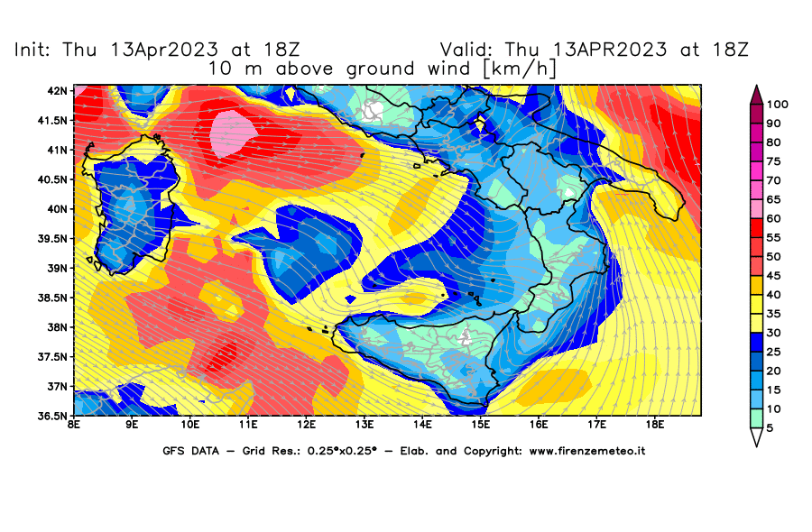 Mappa di analisi GFS - Velocità del vento a 10 metri dal suolo [km/h] in Sud-Italia
							del 13/04/2023 18 <!--googleoff: index-->UTC<!--googleon: index-->