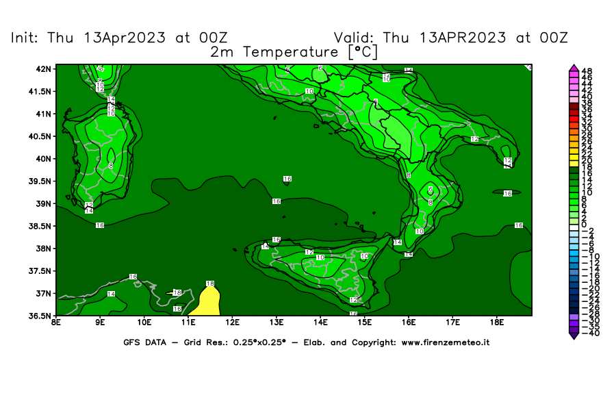 GFS analysi map - Temperature at 2 m above ground [°C] in Southern Italy
									on 13/04/2023 00 <!--googleoff: index-->UTC<!--googleon: index-->