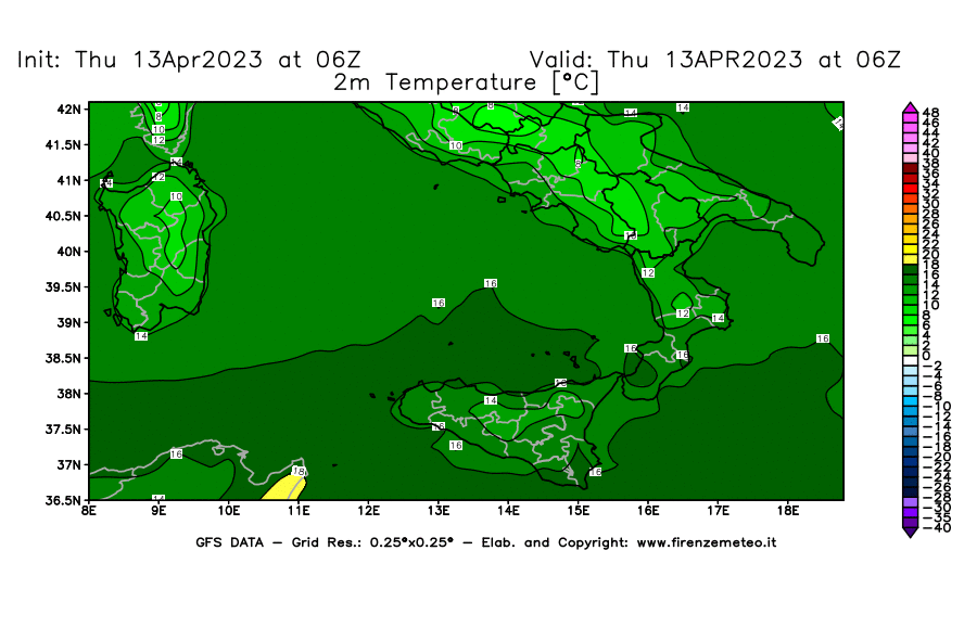 GFS analysi map - Temperature at 2 m above ground [°C] in Southern Italy
									on 13/04/2023 06 <!--googleoff: index-->UTC<!--googleon: index-->