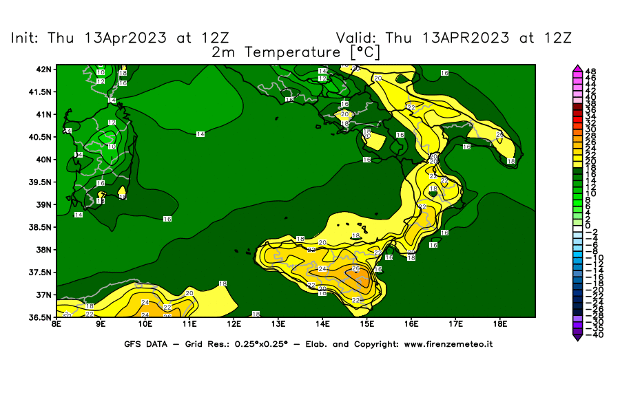 GFS analysi map - Temperature at 2 m above ground [°C] in Southern Italy
									on 13/04/2023 12 <!--googleoff: index-->UTC<!--googleon: index-->