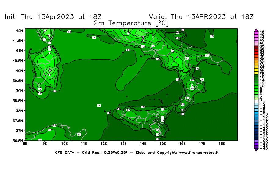 GFS analysi map - Temperature at 2 m above ground [°C] in Southern Italy
									on 13/04/2023 18 <!--googleoff: index-->UTC<!--googleon: index-->