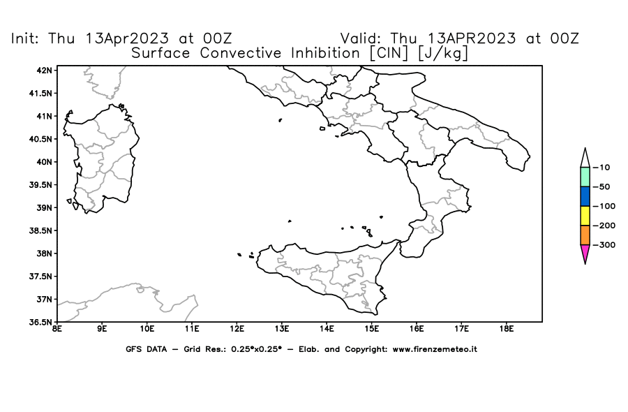 GFS analysi map - CIN [J/kg] in Southern Italy
									on 13/04/2023 00 <!--googleoff: index-->UTC<!--googleon: index-->