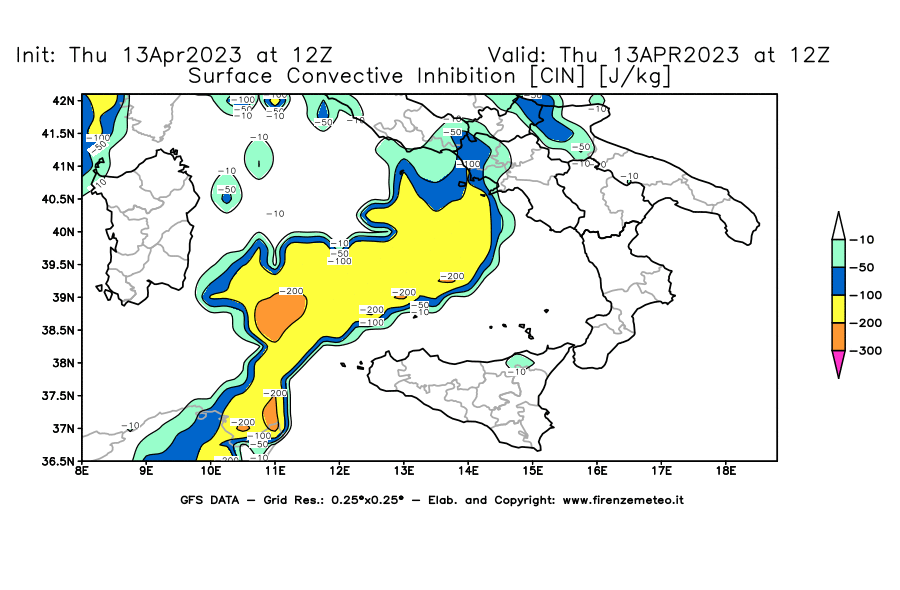 GFS analysi map - CIN [J/kg] in Southern Italy
									on 13/04/2023 12 <!--googleoff: index-->UTC<!--googleon: index-->