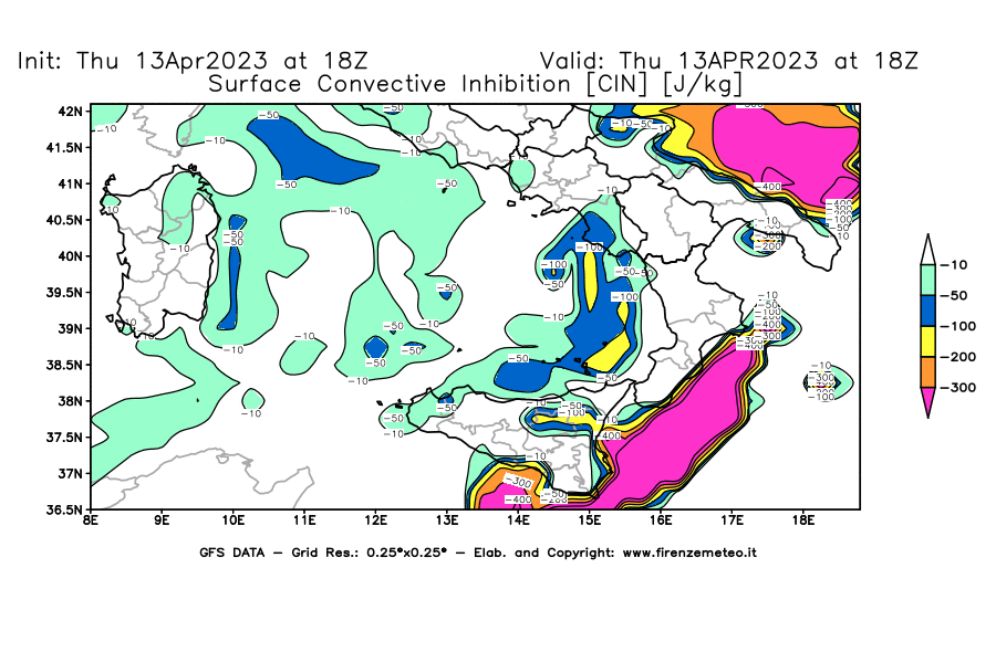 GFS analysi map - CIN [J/kg] in Southern Italy
									on 13/04/2023 18 <!--googleoff: index-->UTC<!--googleon: index-->