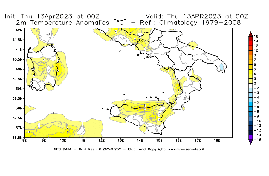 GFS analysi map - Temperature Anomalies [°C] at 2 m in Southern Italy
									on 13/04/2023 00 <!--googleoff: index-->UTC<!--googleon: index-->