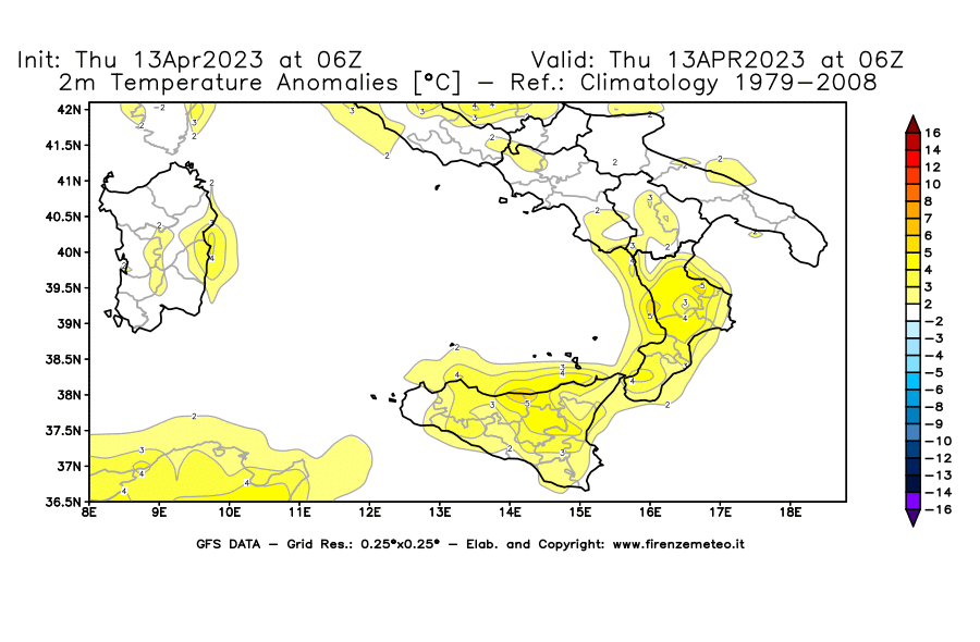 Mappa di analisi GFS - Anomalia Temperatura [°C] a 2 m in Sud-Italia
							del 13/04/2023 06 <!--googleoff: index-->UTC<!--googleon: index-->