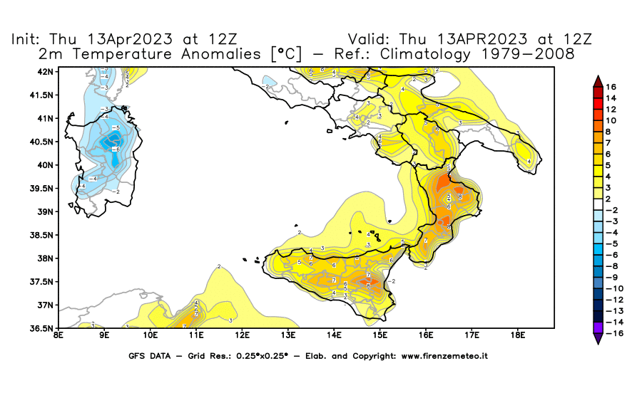 GFS analysi map - Temperature Anomalies [°C] at 2 m in Southern Italy
									on 13/04/2023 12 <!--googleoff: index-->UTC<!--googleon: index-->