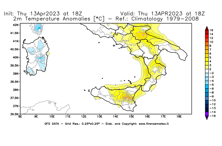 Mappa di analisi GFS - Anomalia Temperatura [°C] a 2 m in Sud-Italia
							del 13/04/2023 18 <!--googleoff: index-->UTC<!--googleon: index-->