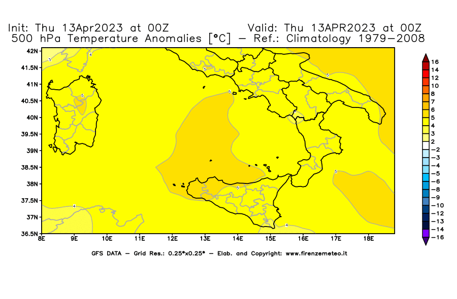 Mappa di analisi GFS - Anomalia Temperatura [°C] a 500 hPa in Sud-Italia
							del 13/04/2023 00 <!--googleoff: index-->UTC<!--googleon: index-->
