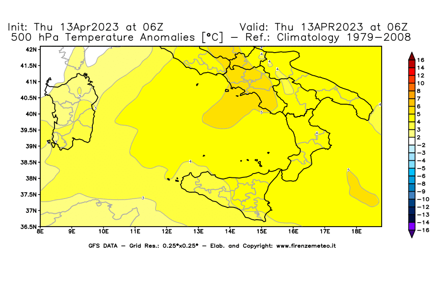 Mappa di analisi GFS - Anomalia Temperatura [°C] a 500 hPa in Sud-Italia
							del 13/04/2023 06 <!--googleoff: index-->UTC<!--googleon: index-->