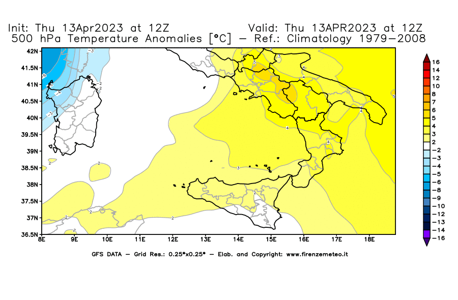 GFS analysi map - Temperature Anomalies [°C] at 500 hPa in Southern Italy
									on 13/04/2023 12 <!--googleoff: index-->UTC<!--googleon: index-->