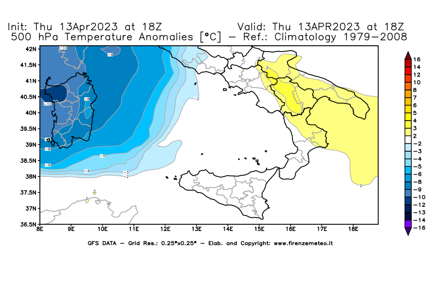 Mappa di analisi GFS - Anomalia Temperatura [°C] a 500 hPa in Sud-Italia
							del 13/04/2023 18 <!--googleoff: index-->UTC<!--googleon: index-->
