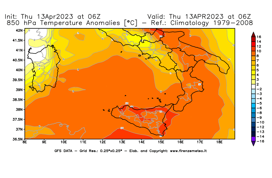 Mappa di analisi GFS - Anomalia Temperatura [°C] a 850 hPa in Sud-Italia
							del 13/04/2023 06 <!--googleoff: index-->UTC<!--googleon: index-->