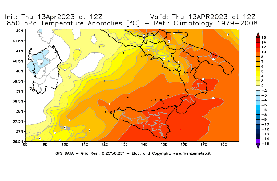 Mappa di analisi GFS - Anomalia Temperatura [°C] a 850 hPa in Sud-Italia
							del 13/04/2023 12 <!--googleoff: index-->UTC<!--googleon: index-->