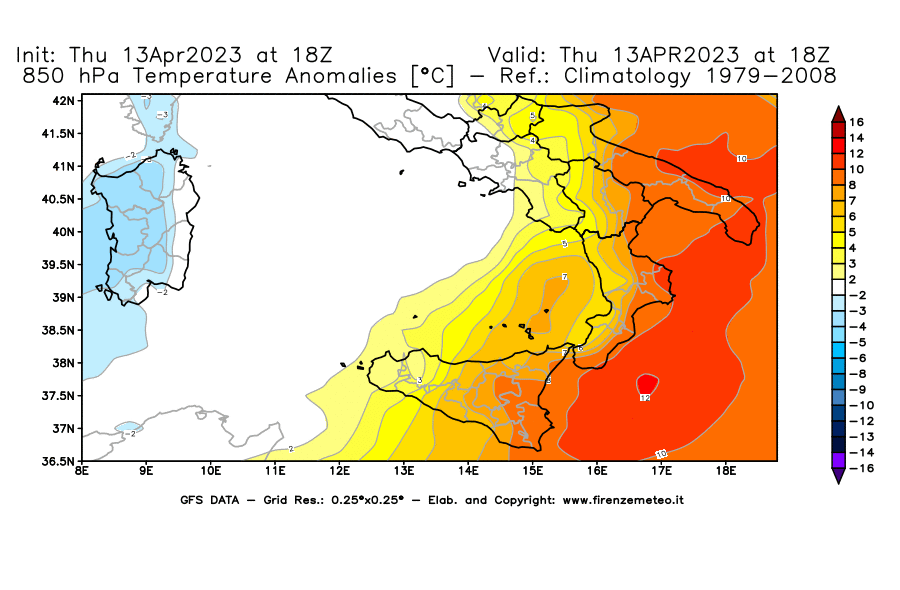 GFS analysi map - Temperature Anomalies [°C] at 850 hPa in Southern Italy
									on 13/04/2023 18 <!--googleoff: index-->UTC<!--googleon: index-->