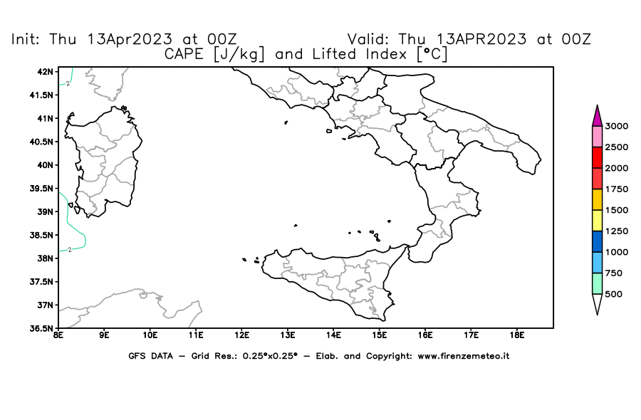 GFS analysi map - CAPE [J/kg] and Lifted Index [°C] in Southern Italy
									on 13/04/2023 00 <!--googleoff: index-->UTC<!--googleon: index-->
