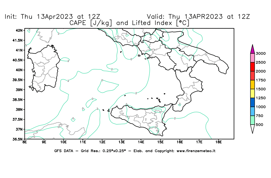 Mappa di analisi GFS - CAPE [J/kg] e Lifted Index [°C] in Sud-Italia
							del 13/04/2023 12 <!--googleoff: index-->UTC<!--googleon: index-->
