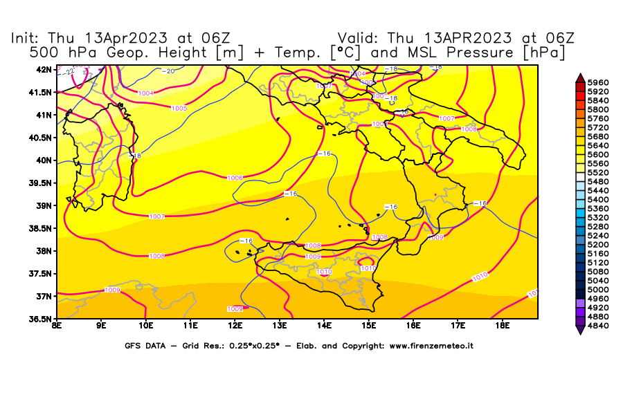 GFS analysi map - Geopotential [m] + Temp. [°C] at 500 hPa + Sea Level Pressure [hPa] in Southern Italy
									on 13/04/2023 06 <!--googleoff: index-->UTC<!--googleon: index-->