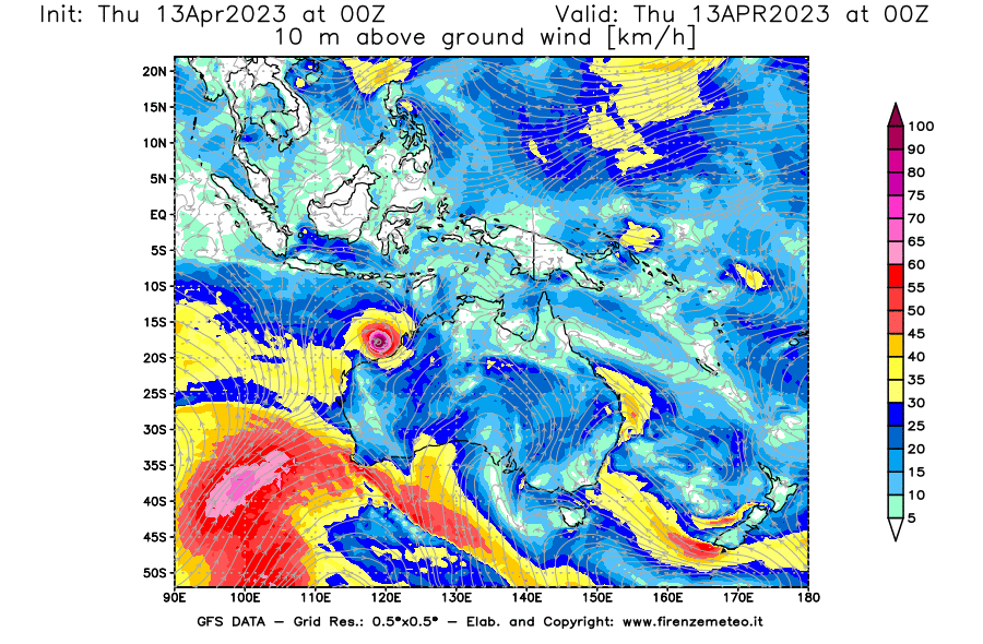 GFS analysi map - Wind Speed at 10 m above ground [km/h] in Oceania
									on 13/04/2023 00 <!--googleoff: index-->UTC<!--googleon: index-->
