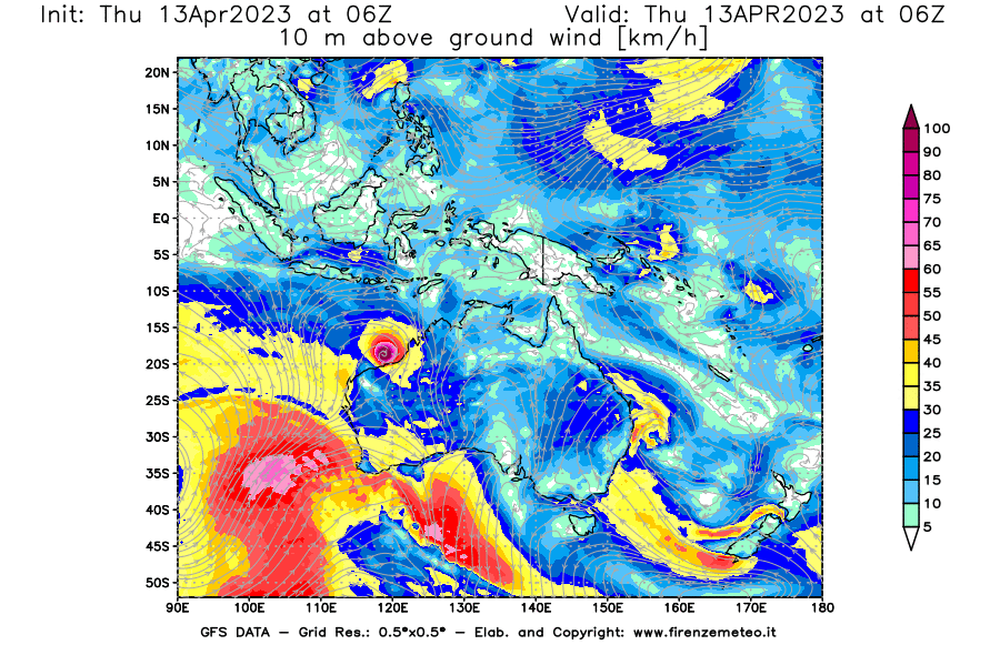 GFS analysi map - Wind Speed at 10 m above ground [km/h] in Oceania
									on 13/04/2023 06 <!--googleoff: index-->UTC<!--googleon: index-->