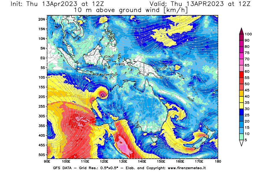 Mappa di analisi GFS - Velocità del vento a 10 metri dal suolo [km/h] in Oceania
							del 13/04/2023 12 <!--googleoff: index-->UTC<!--googleon: index-->