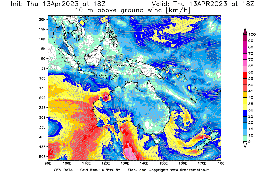 GFS analysi map - Wind Speed at 10 m above ground [km/h] in Oceania
									on 13/04/2023 18 <!--googleoff: index-->UTC<!--googleon: index-->