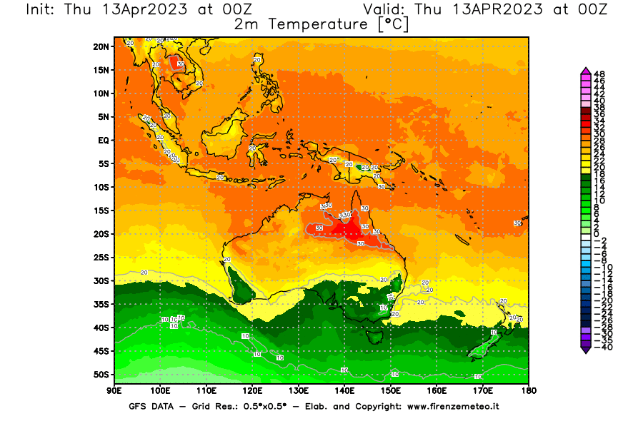 Mappa di analisi GFS - Temperatura a 2 metri dal suolo [°C] in Oceania
							del 13/04/2023 00 <!--googleoff: index-->UTC<!--googleon: index-->