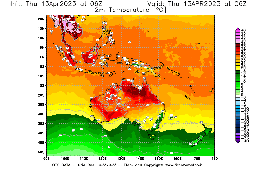 Mappa di analisi GFS - Temperatura a 2 metri dal suolo [°C] in Oceania
							del 13/04/2023 06 <!--googleoff: index-->UTC<!--googleon: index-->