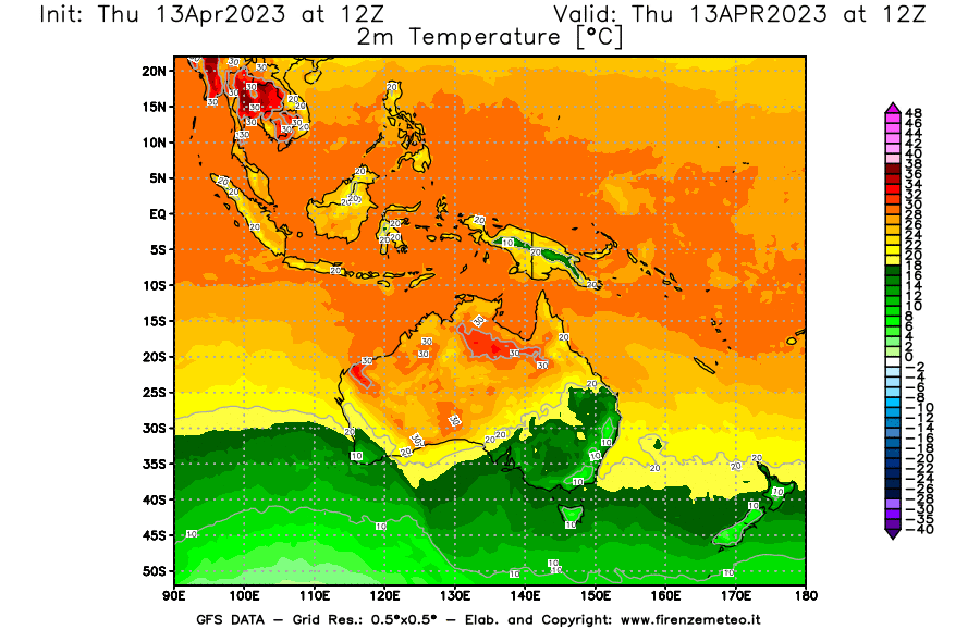 Mappa di analisi GFS - Temperatura a 2 metri dal suolo [°C] in Oceania
							del 13/04/2023 12 <!--googleoff: index-->UTC<!--googleon: index-->