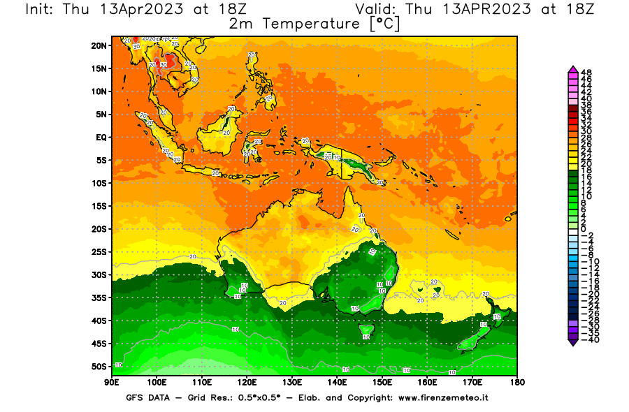 GFS analysi map - Temperature at 2 m above ground [°C] in Oceania
									on 13/04/2023 18 <!--googleoff: index-->UTC<!--googleon: index-->