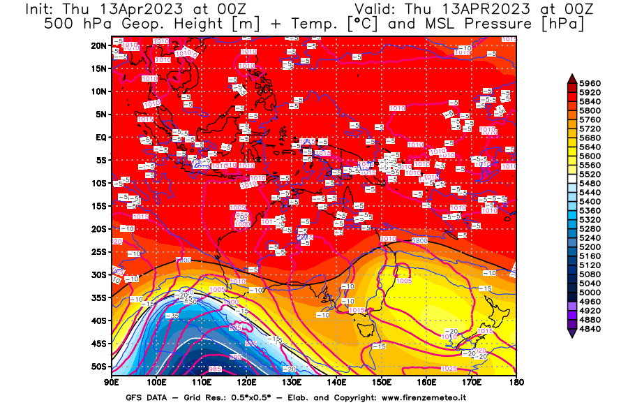 Mappa di analisi GFS - Geopotenziale [m] + Temp. [°C] a 500 hPa + Press. a livello del mare [hPa] in Oceania
							del 13/04/2023 00 <!--googleoff: index-->UTC<!--googleon: index-->